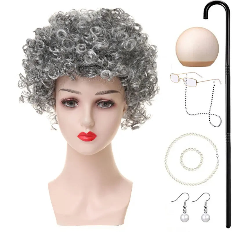 Halloween Granny Granny Grey Wig Grandpa Hair Granny Chartered Woman Curling Iron Wig Set