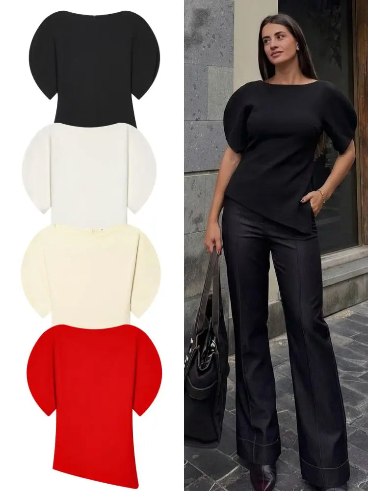 HH Spring Summer Women Casual Asymmetrical T-Shirts Fashion Solid Female O-Neck Short Puff Sleeve Blouse Lady Office Chic Tops