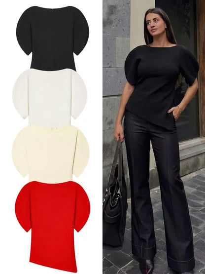 HH Spring Summer Women Casual Asymmetrical T-Shirts Fashion Solid Female O-Neck Short Puff Sleeve Blouse Lady Office Chic Tops