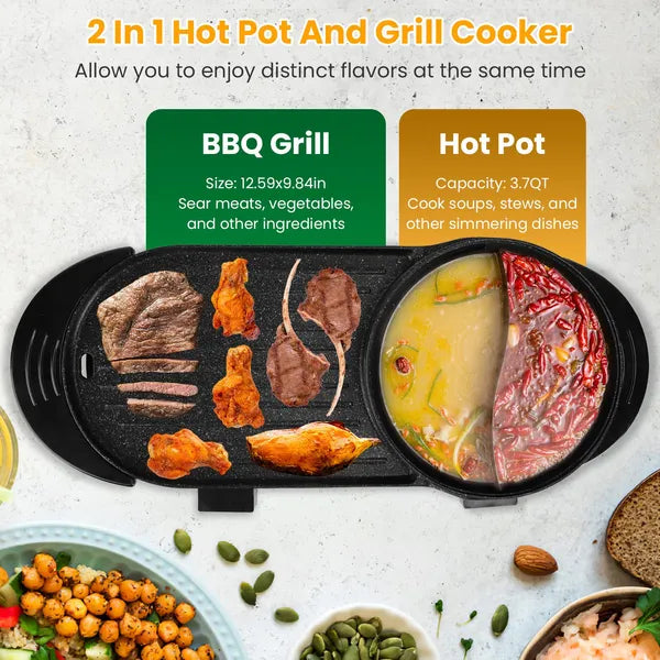 2 In 1 Electric Hot Pot With BBQ Grill Cooker 2200W Smokeless