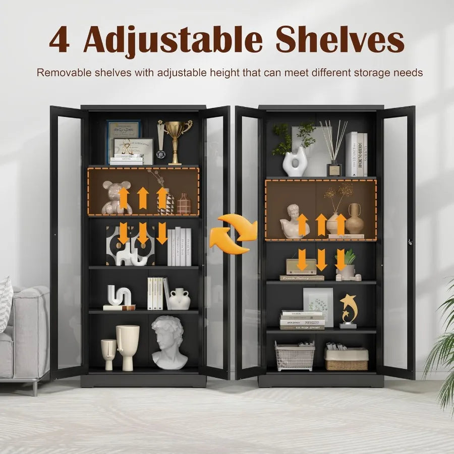 71 Glass Display Cabinet with Lock for Living Room, Tempered Glass, Black, Secure Storage and Elegant Showcase Design