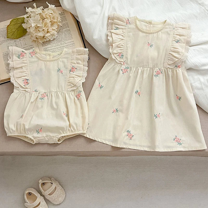 Summer Matching Sister Dress Outfit Baby Girls Clothes Girls Lace Flying Sleeves Dress Embroider Baby Girl Romper Princess Dress