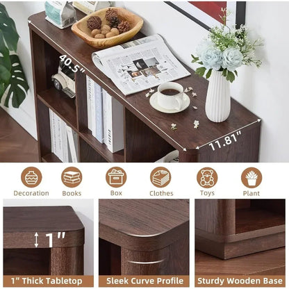 Living room and home office bookshelf: walnut wood 9-cube organizer with curved edge, 40.5 wide floor-standing 3-tier cubby she