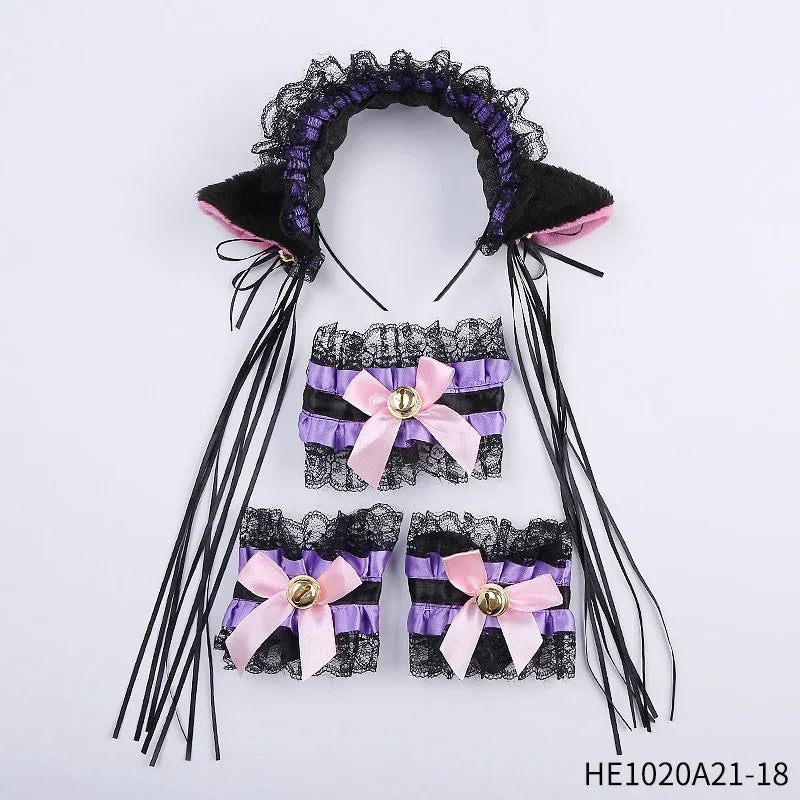 Womens Halloween Maid Lace Cat Ear Headband Hair Accessories Cat Ear Headband Long Tassel Japanese Animation Cosplay Accessories