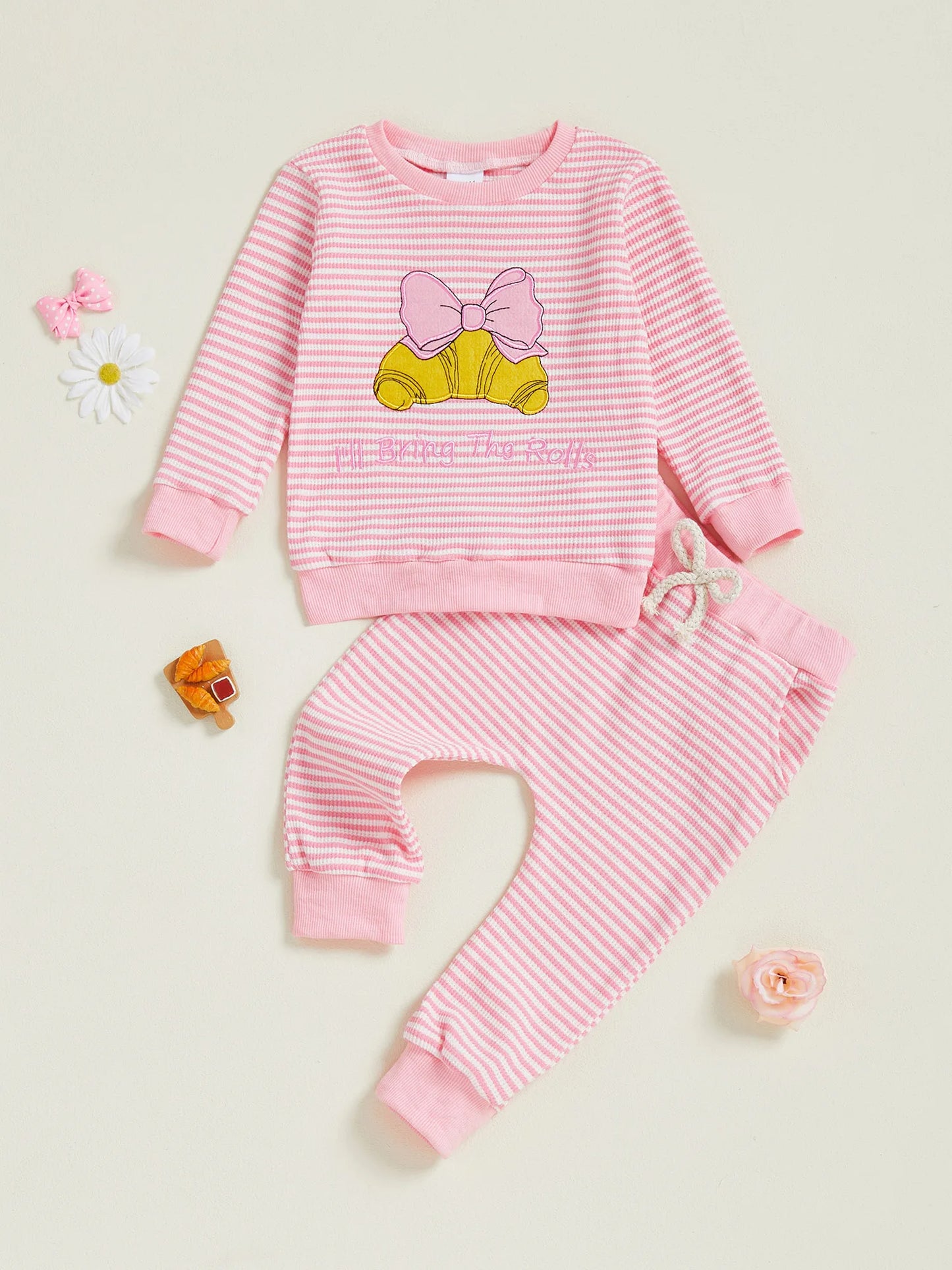 Girls 2-Piece Outfit Embroidered Floral Long Sleeve Top with Ruffled Hem and Cozy Corduroy Pants Set for Fall