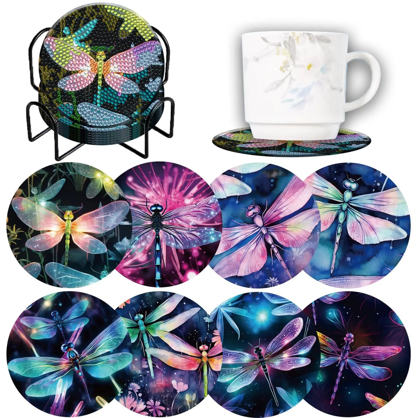 8pcs/Set DIY Diamond Painting Coasters with Holder Anti Slip Wood Drip Mats Crystal Rhinestones Diamond Art Coasters for Adults