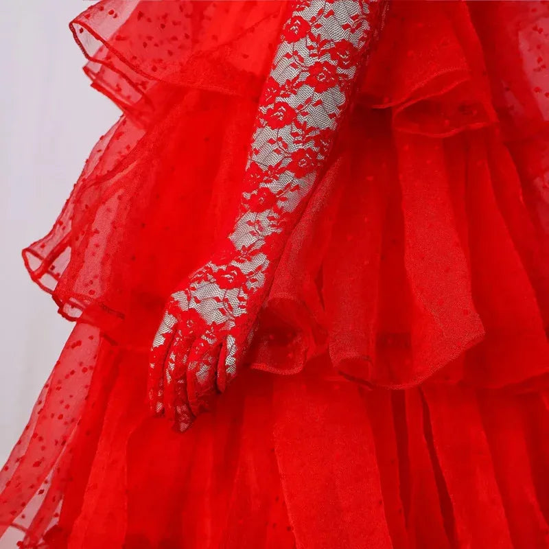 AA 2025 New Cosplay Juice Costume Beetlejuice Adam Lydia Red Wedding Dress Outfit Women Tulle Bride Gown Halloween Party Sui ☆ ☆