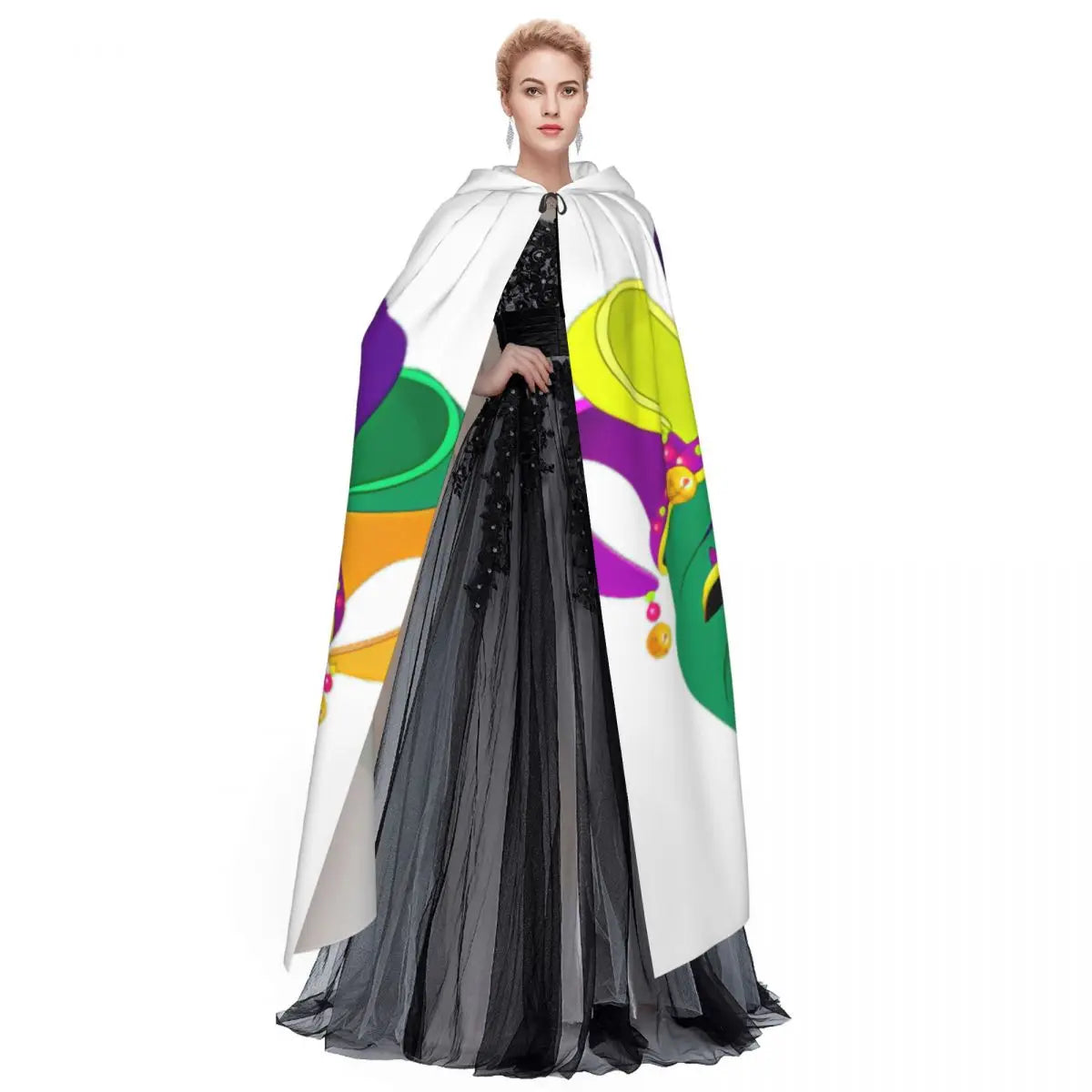 Mardi Gras Comedy And Tragedy Masks Cloak Hooded Cosplay Costume Halloween Adult Long Party Cape