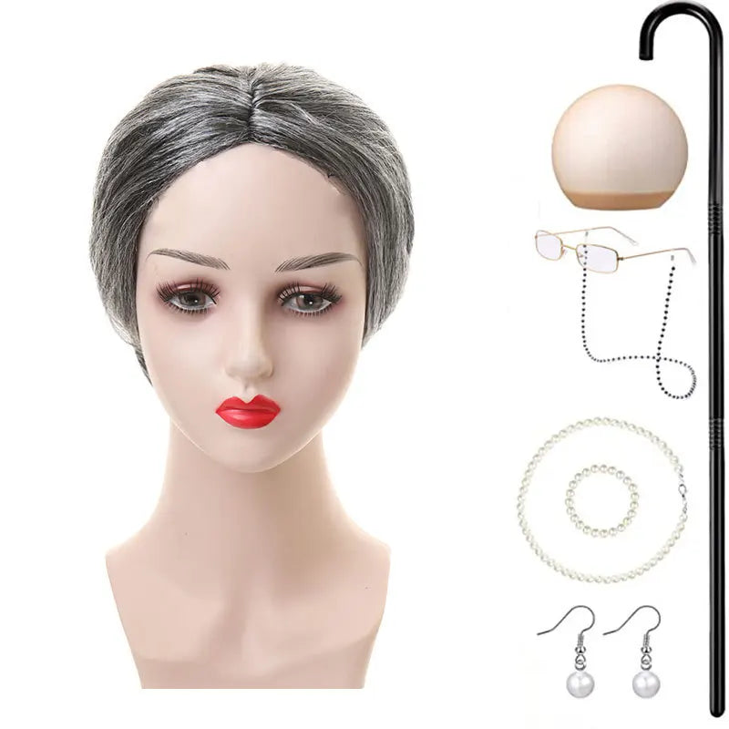 Halloween Granny Granny Grey Wig Grandpa Hair Granny Chartered Woman Curling Iron Wig Set