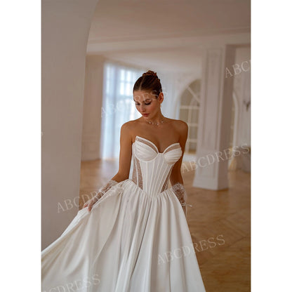 ABCDRESS Customized Elegant Strapless Ball Gown Corset Sleeveless Wedding Dresses Lace Details High Slit Bridal Dress