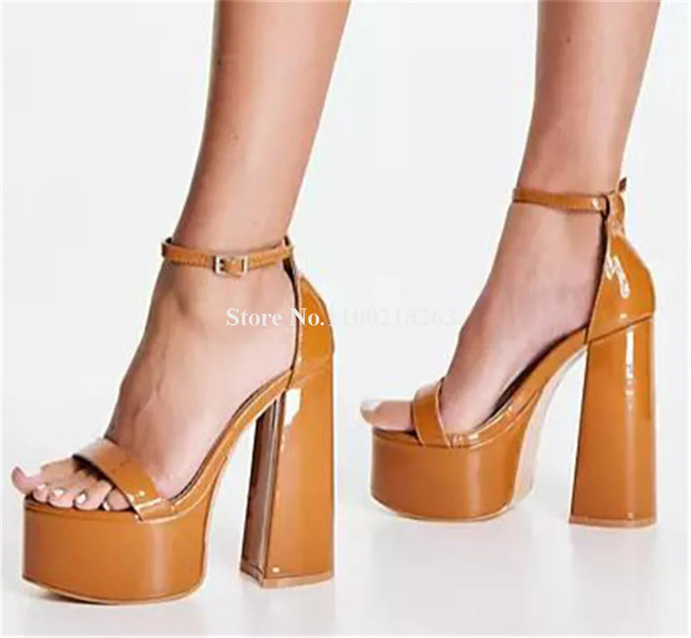 Ladies Sexy High Platform Block Heel Sandals Open Toe Gold Black Brown Patent Leather Chunky Heel Dress Shoes Party Pumps
