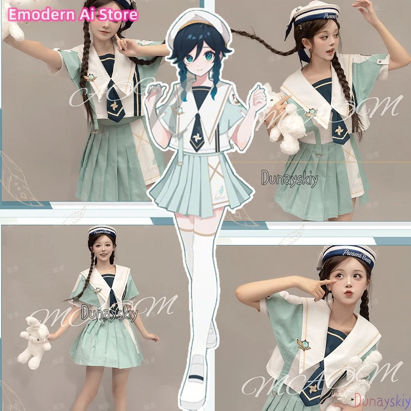 Anime Genshin Impact Cosplay Venti Women jiakei Dress Costumes Loose Jacket Coat Hoodie Short Sleeved Skirt Set Disguise Outfit