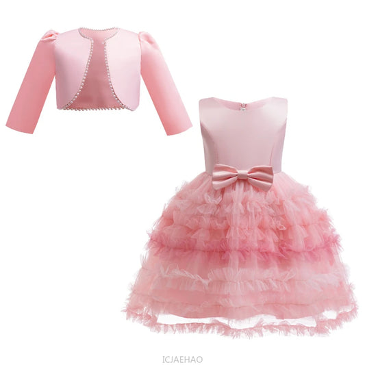 Wed Dress Pink Kids Girls Sleeveless Bow Single Button Coat 2 Piece Satin Set Dresses Tulle Skirt Children Pearl Long Sleeve