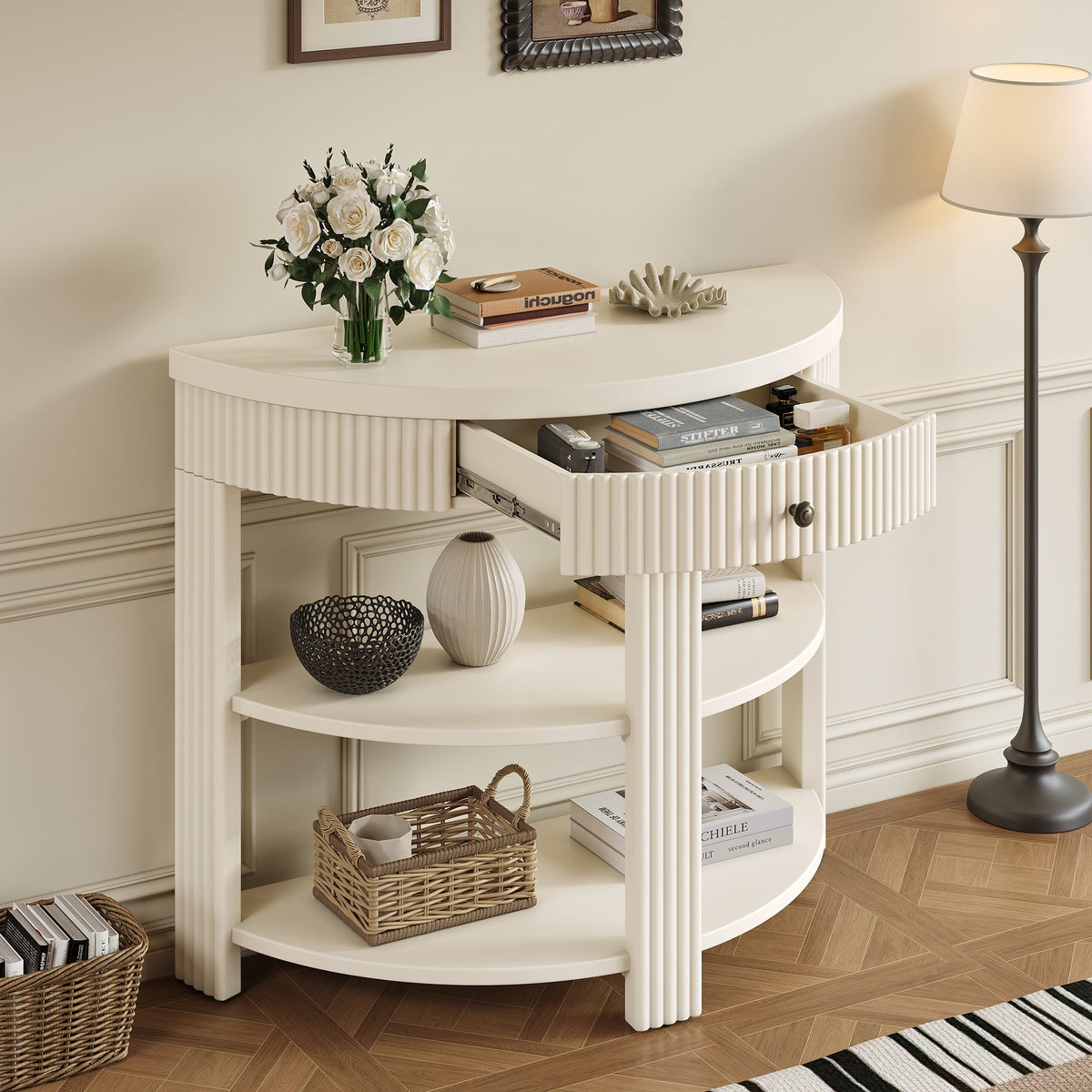 Fluted Half Moon Console Table with Drawer and 2 Shelves for Entryway,