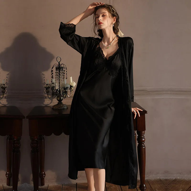 Elegant Female Twinset Robe Set Long Kimono Bathrobe Gown Sexy Lace Nightgown Lingerie Spring Autumn New Sleepwear Home Dress