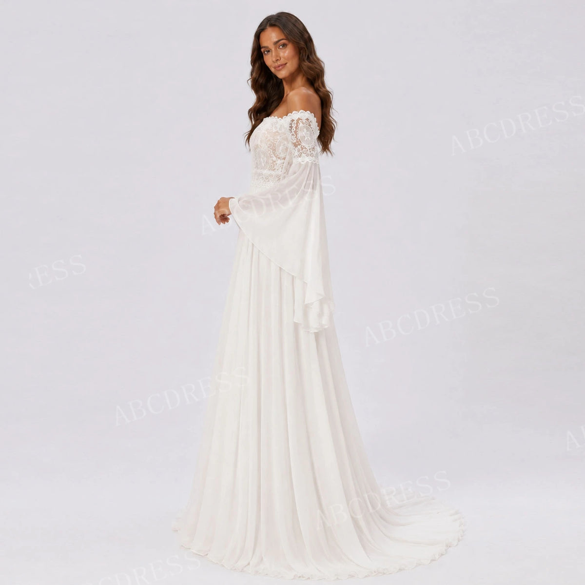 ABCDRESS Customized Elegant Lace Applique Bridal Gown Chiffon A-Line Wedding Dresses Sheer Long Bell Sleeves Lady Dress