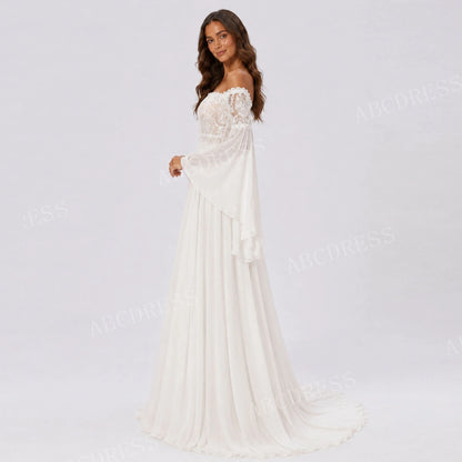 ABCDRESS Customized Elegant Lace Applique Bridal Gown Chiffon A-Line Wedding Dresses Sheer Long Bell Sleeves Lady Dress