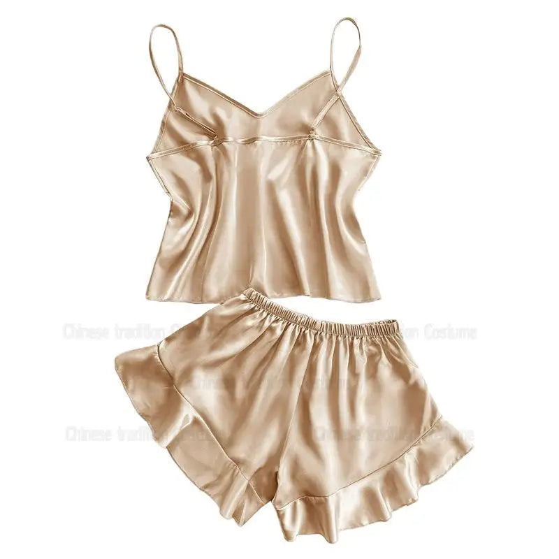 Fashion Strap Top Shorts Women Ice Silk Pajamas Suit 2Pcs Sexy Lingerie Suit Underwear Summer New Home Clothes Loungewear
