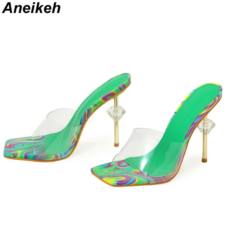 Aneikeh NEW Sexy Strange Transparent Heels Slippers Fashion TOTEM PU Summer Sandals Peep Toe Slip-On Clear Shoes Women Slides