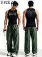 Men Gothic Style 2Pcs Outfit Graphic Sleeveless Tank Top Side Striped Loose Trousers Gym Street Casual Tracksuit