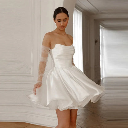 Playful Little Swan Off Shoulder Fold Thick Satin Ruffle Mini Short Wedding Dress for Bridal Wedding Dress Customization