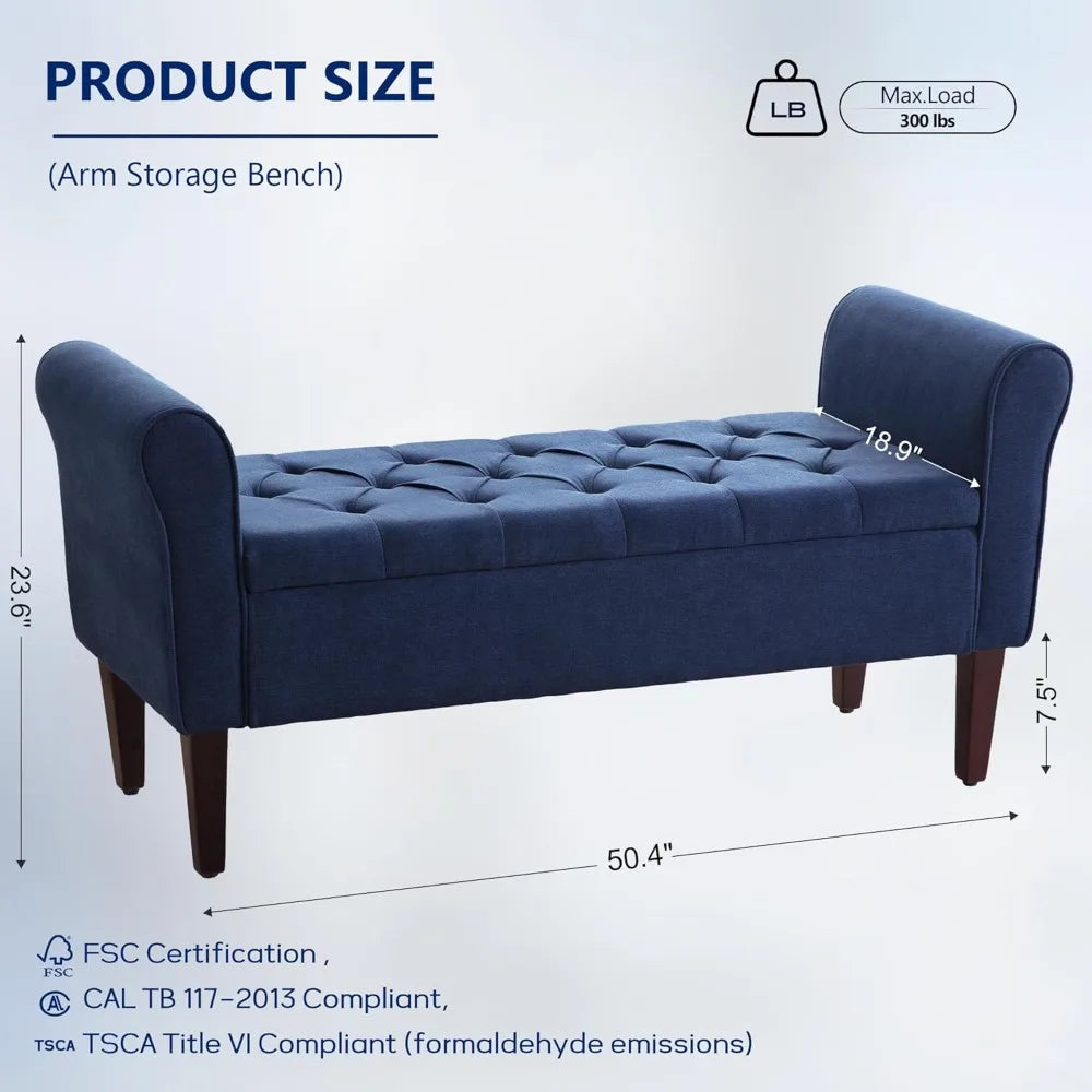 50.4" Arm Storage Bench with 7.5-inch Solid Wood Legs, Button-Tufted Storage Ottoman, Upholstered Window