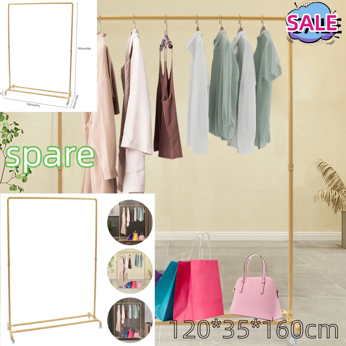 120*35*160cm Clothing display stand Rack Coat Rack Floor Standing Clothes Hanger Rack Removable Metal Clothing Storage Shelf