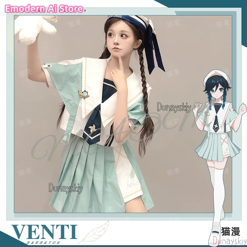 Anime Genshin Impact Cosplay Venti Women jiakei Dress Costumes Loose Jacket Coat Hoodie Short Sleeved Skirt Set Disguise Outfit