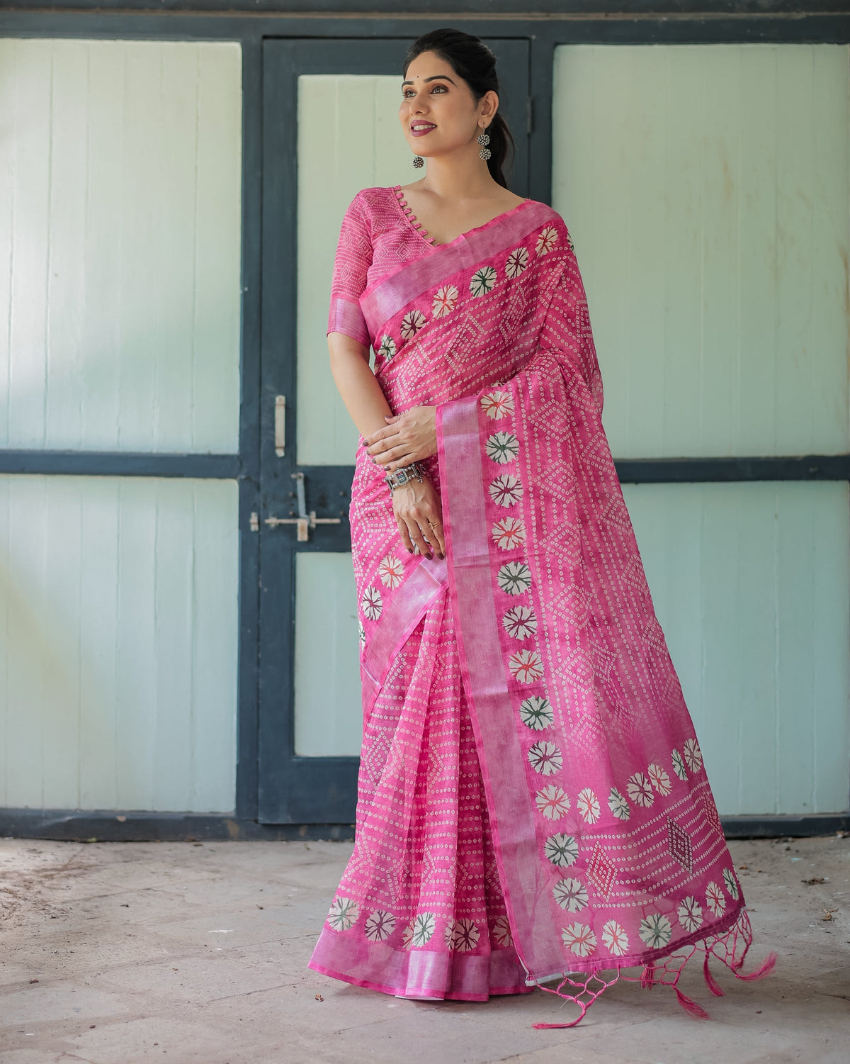 Fuchsia Pink Handcrafted Cotton Linen Saree with Geometric Print and