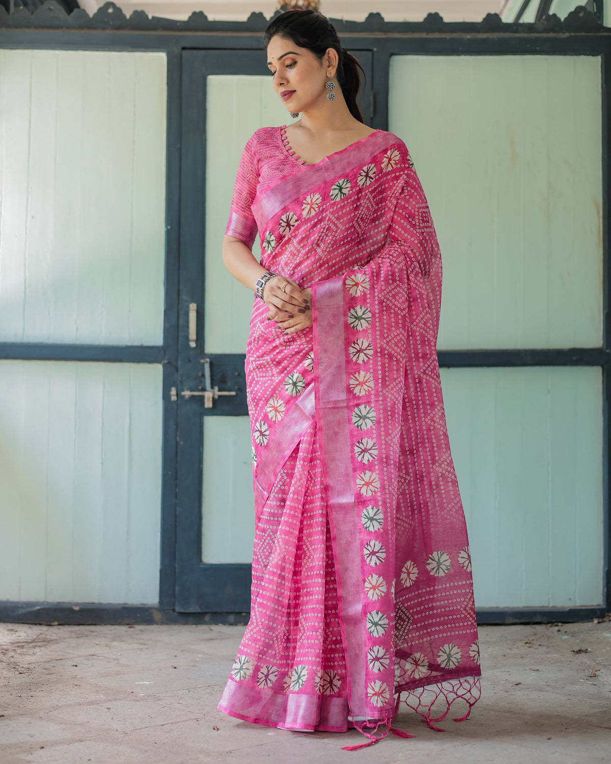 Fuchsia Pink Handcrafted Cotton Linen Saree with Geometric Print and