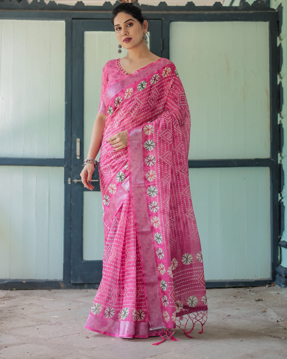 Fuchsia Pink Handcrafted Cotton Linen Saree with Geometric Print and