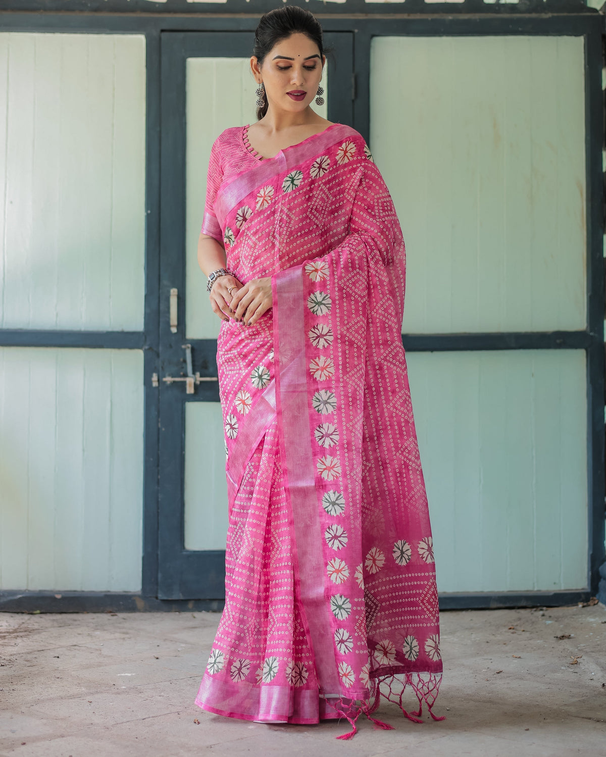 Fuchsia Pink Handcrafted Cotton Linen Saree with Geometric Print and