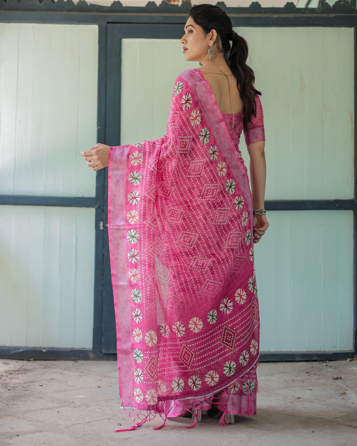 Fuchsia Pink Handcrafted Cotton Linen Saree with Geometric Print and