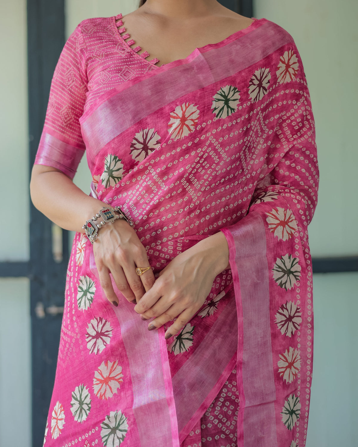 Fuchsia Pink Handcrafted Cotton Linen Saree with Geometric Print and