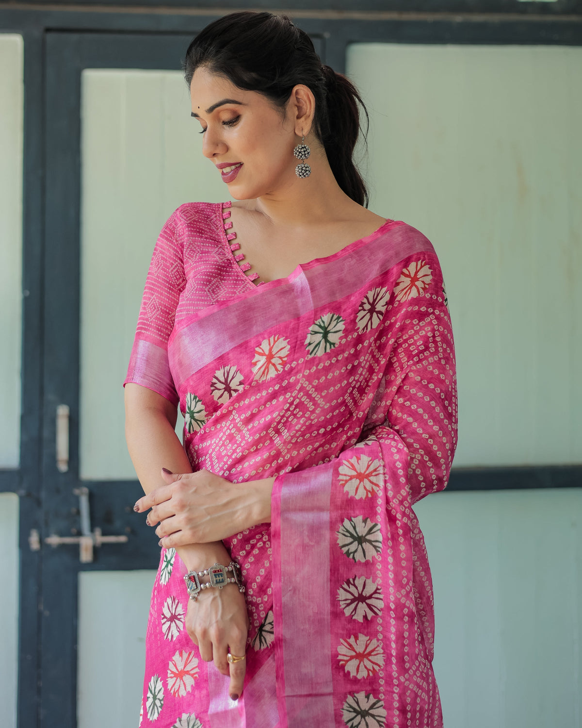 Fuchsia Pink Handcrafted Cotton Linen Saree with Geometric Print and
