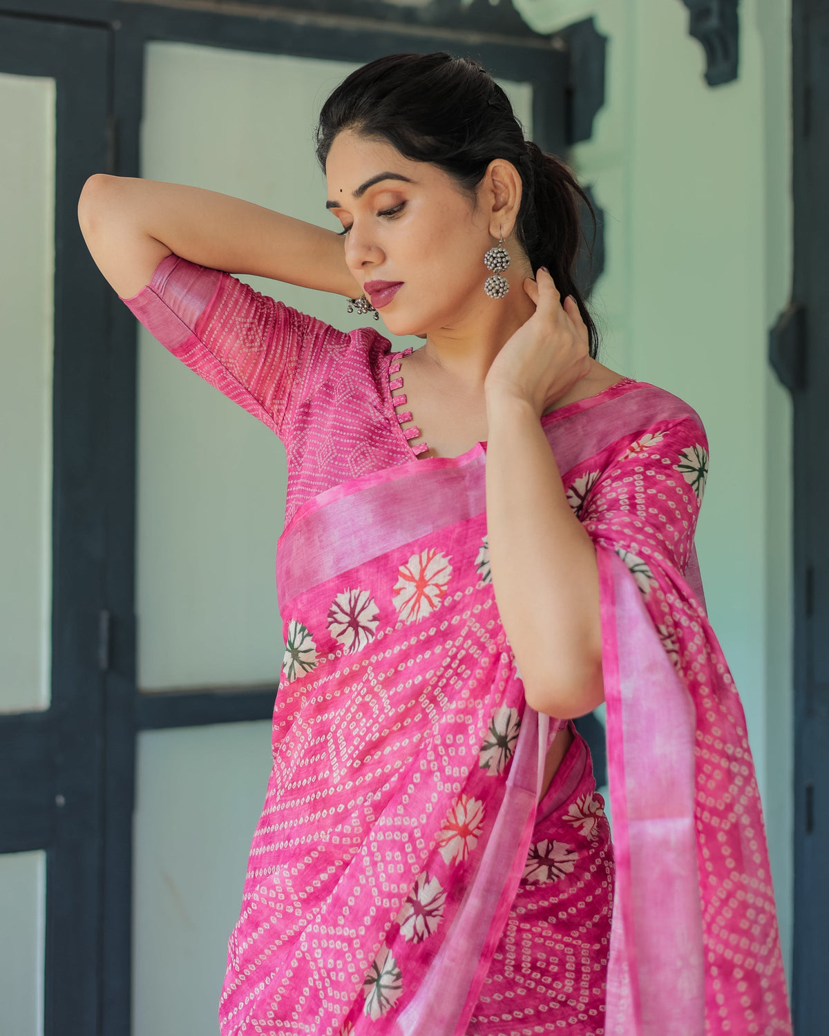Fuchsia Pink Handcrafted Cotton Linen Saree with Geometric Print and
