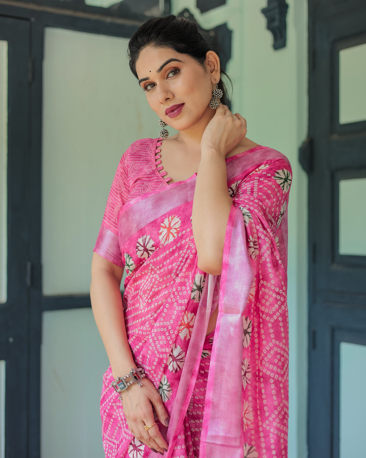 Fuchsia Pink Handcrafted Cotton Linen Saree with Geometric Print and