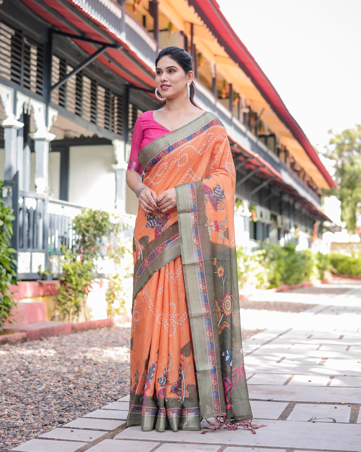Orange and Olive Green Kalamkari Design Pure Cotton Linen Saree with