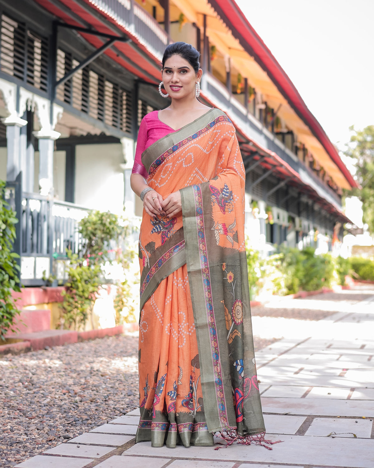 Orange and Olive Green Kalamkari Design Pure Cotton Linen Saree with
