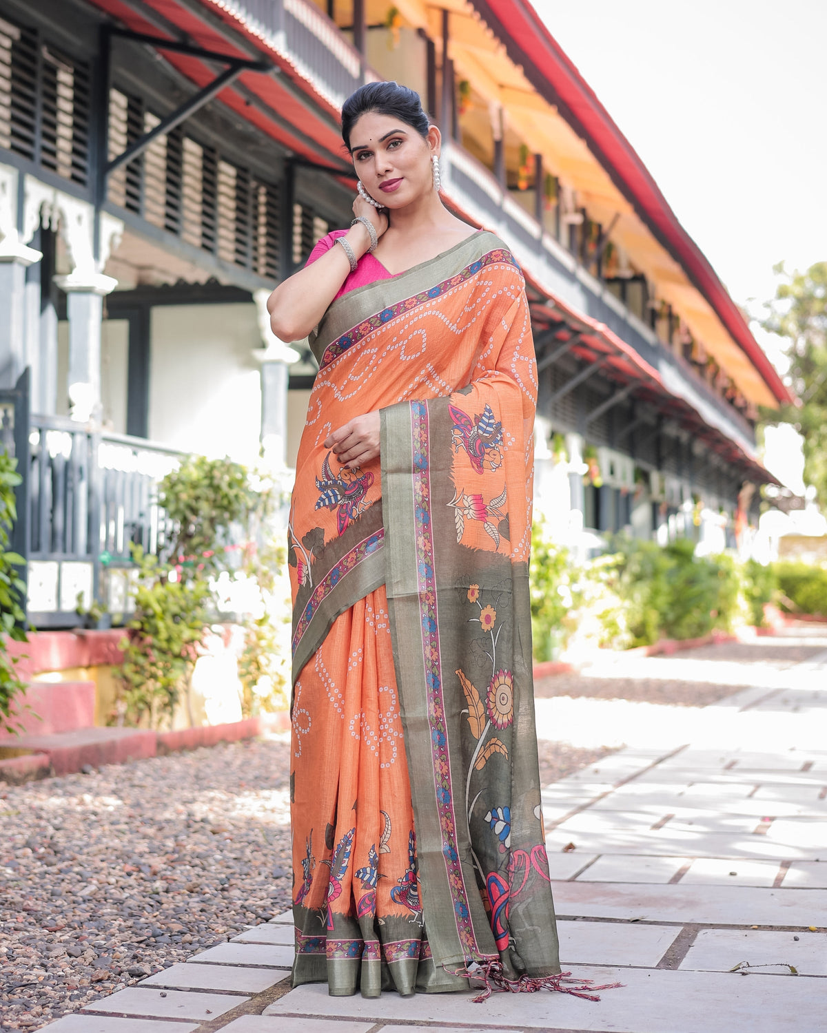 Orange and Olive Green Kalamkari Design Pure Cotton Linen Saree with