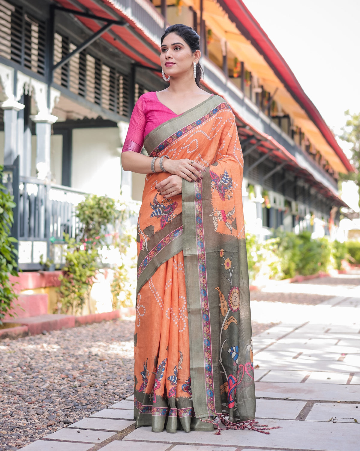Orange and Olive Green Kalamkari Design Pure Cotton Linen Saree with