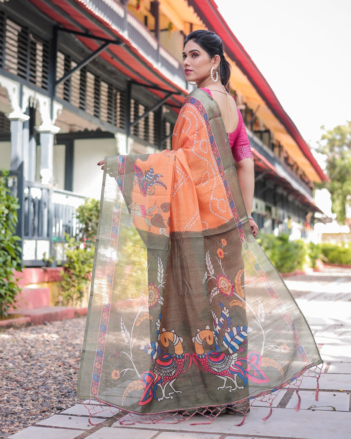 Orange and Olive Green Kalamkari Design Pure Cotton Linen Saree with