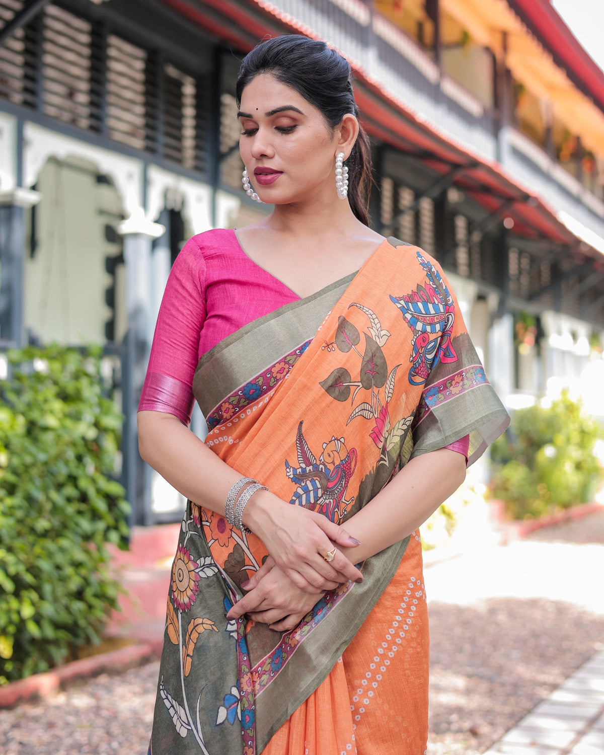 Orange and Olive Green Kalamkari Design Pure Cotton Linen Saree with