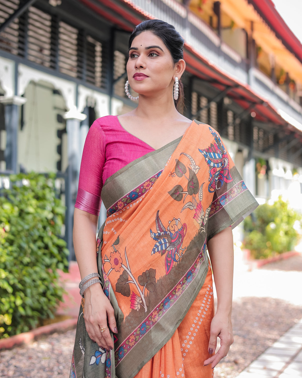 Orange and Olive Green Kalamkari Design Pure Cotton Linen Saree with