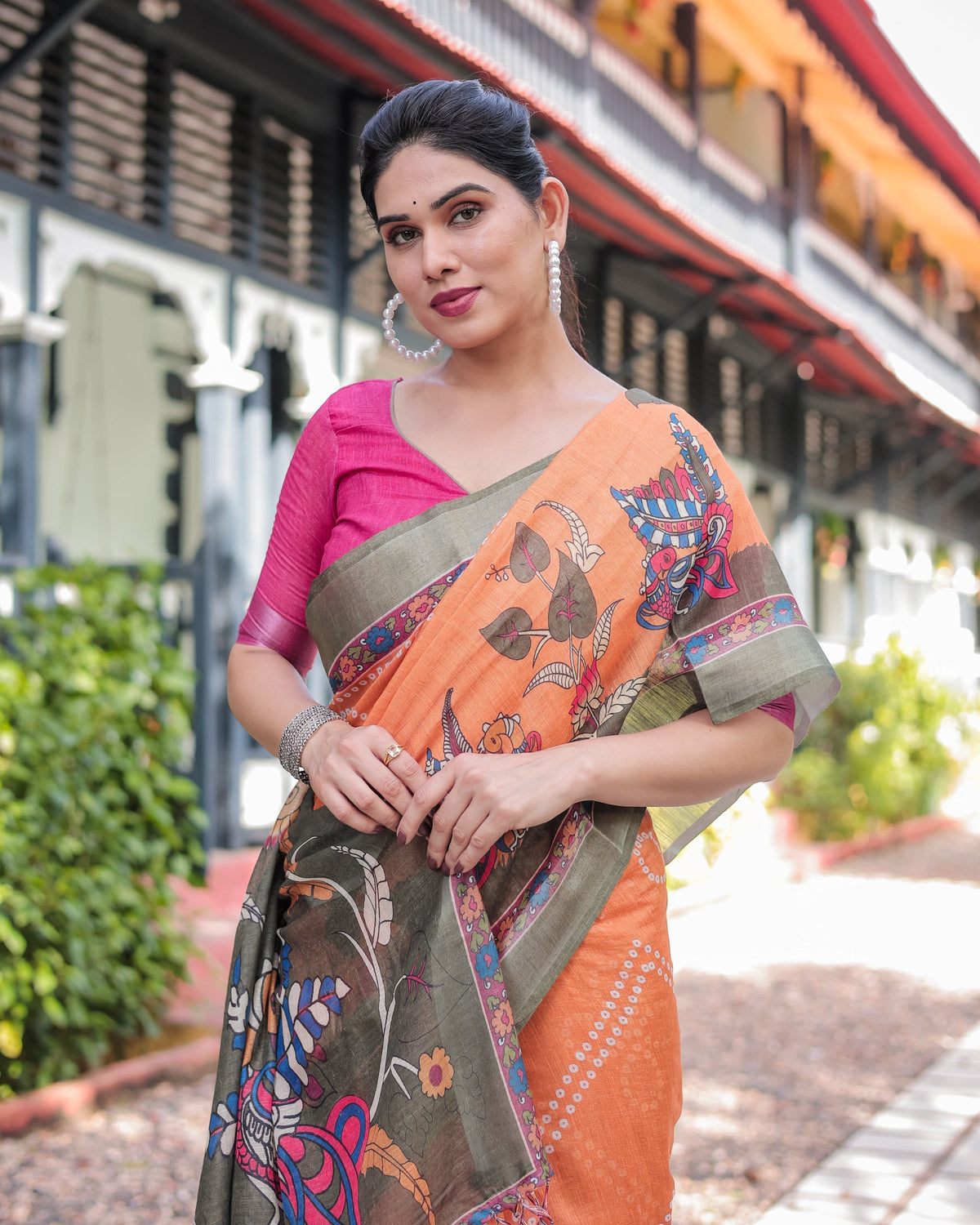 Orange and Olive Green Kalamkari Design Pure Cotton Linen Saree with