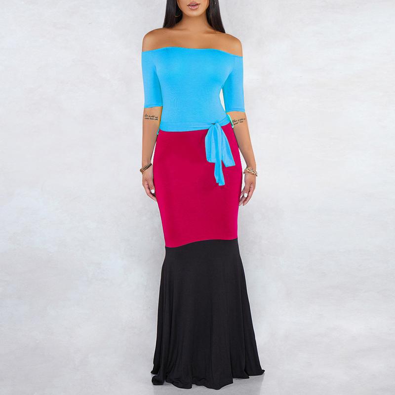 Patchwork off shoulder sexy dress Bodycon elegant sashes ball