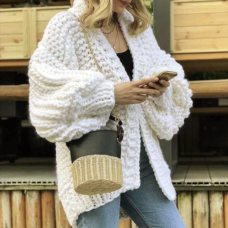 Long lantern sleeve black knitted cardigan Women loose sexy