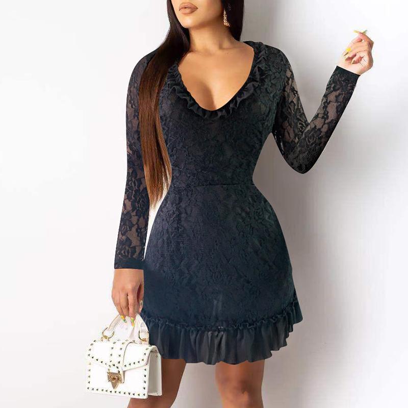 Elegant ruffle patchwork A-line black dress Sexy long sleeve