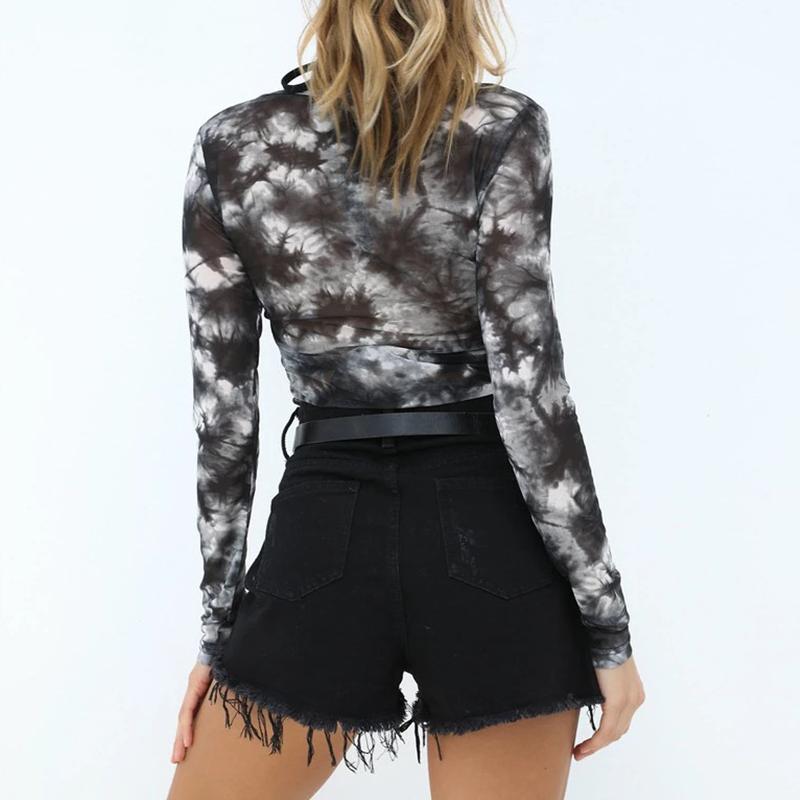 Transparent sexy Tie-Dye T shirt Women slim floral print long
