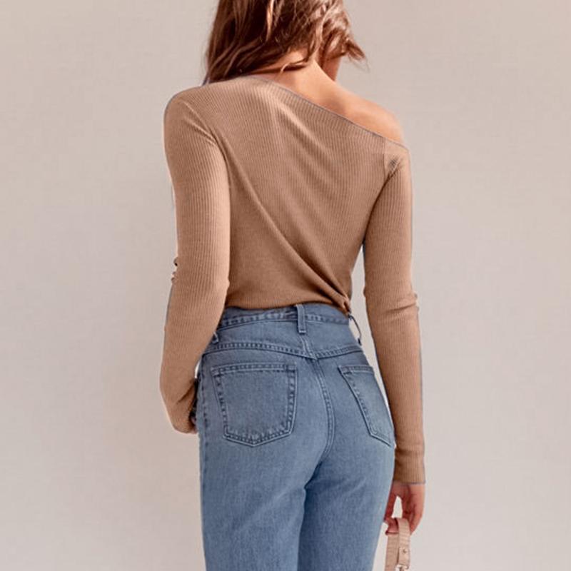 Off shoulder knitted top Women sexy long sleeve button